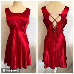 Vintage Y2K 90s Red Satin Mini Dress Lace Up Open Back Fit Flare Slip 9